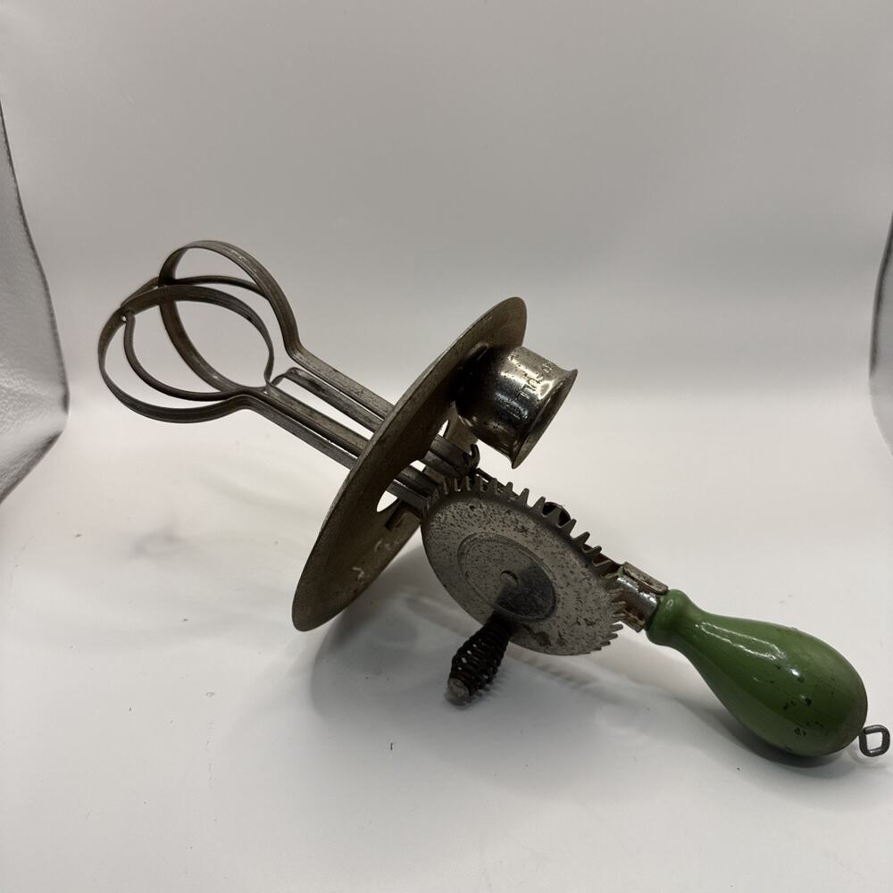 Vintage Antique Rustic A&J Green Wood Handle Egg Beater Hand Mixer Farm Decor